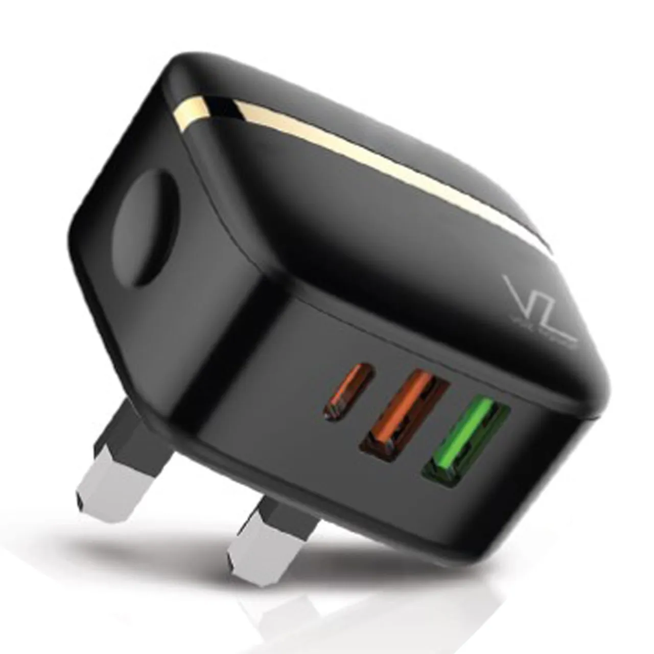 Voz شاحن جداري 32W بثلاثة منافذ مع منفذ PD+QC 3.0 وكابل Type C، أسود، VZWPD02T