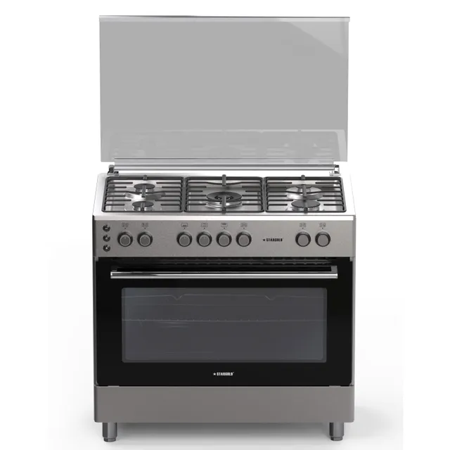Stargold 90x60 Freestanding Oven with Gas Cooker, 5 Italian SABAF Burners with Stainless Steel Top, Glass Cover with Glass Door Protection, Turbo Fan Gas Oven, Ignition Protection, (Turkey)