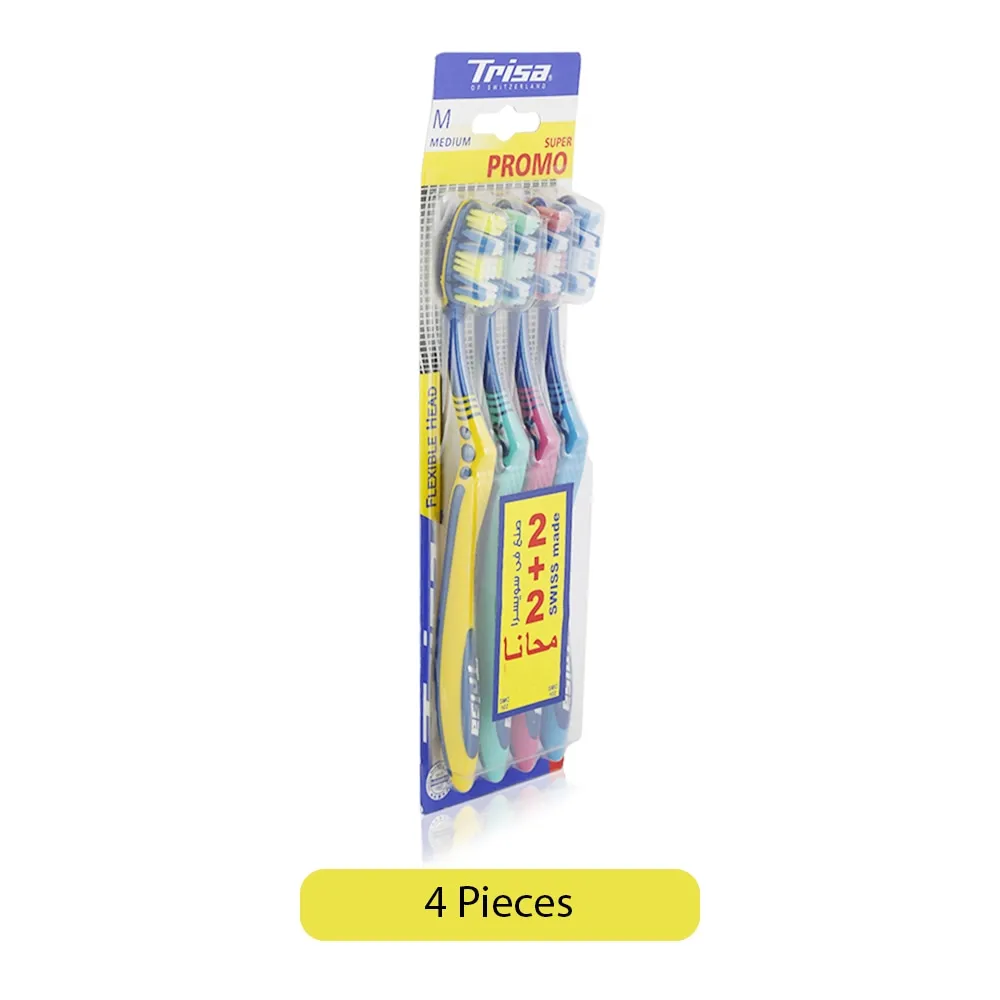 Trisa فرشاة أسنان متعددة الألوان متوسطة برأس مرن - 4 Pcs