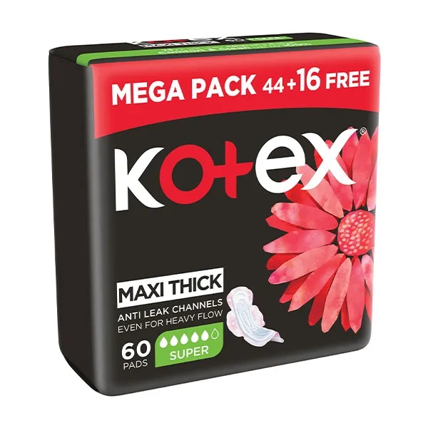 Kotex Maxi Thick Super Size Sanitary Pads with Wings - 60 Pcs