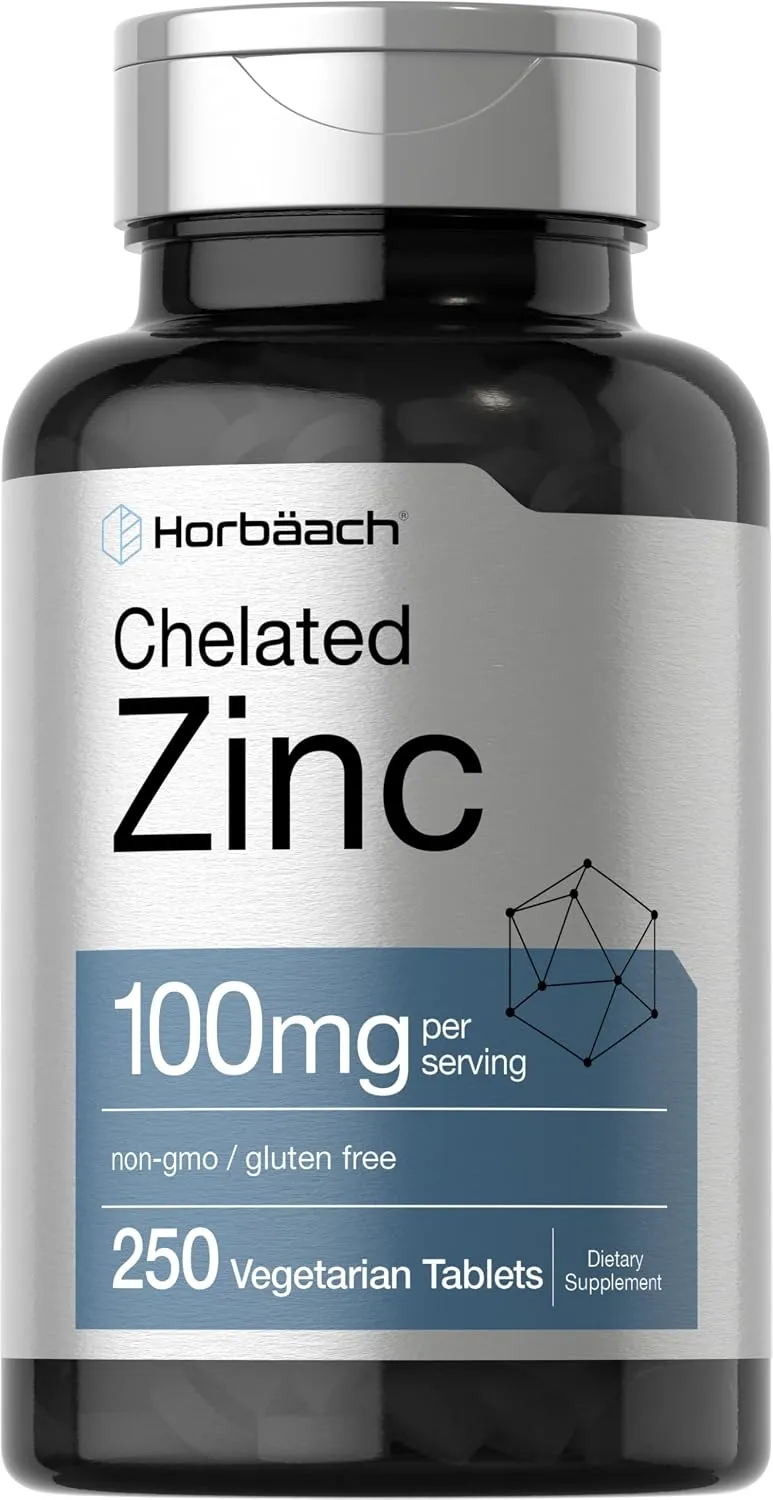 Horbäach مكمل زنك مخلبي 100mg، 250 قرص، فعالية عالية وامتصاص فائق، نباتي، غير معدل وراثيا، خال من الجلوتين