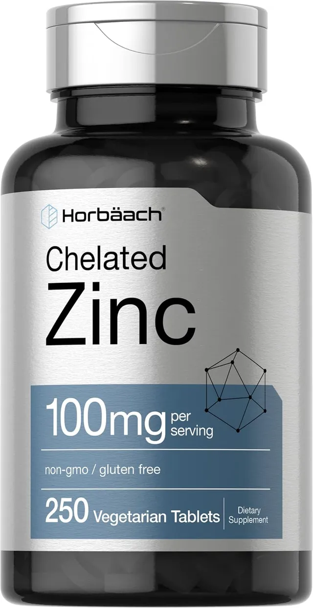Horbäach Chelated Zinc Supplement 100mg, 250 Tablets, High Potency & Superior Absorption, Vegetarian, Non-Gmo, Gluten Free