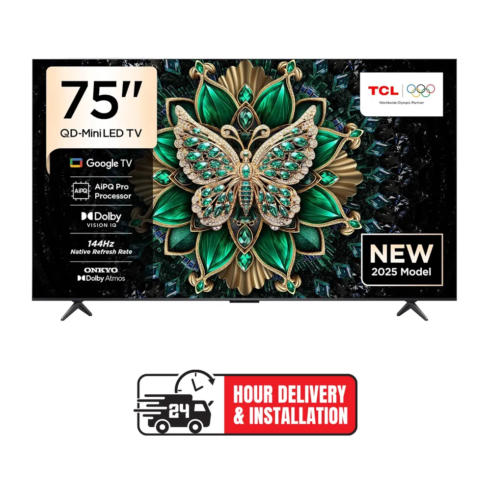 TCL تلفزيون 75 Inch C6K Premium QD-MiniLED | Precise Dimming Series حتى 512 Zones | سطوع HDR عالٍ | QLED | لوحة HVA | نظام ONKYO 2.1 Hi-Fi | معالج AiPQ Pro | معدل تحديث أصلي 144Hz | تصميم نحيف للغاية | 2025