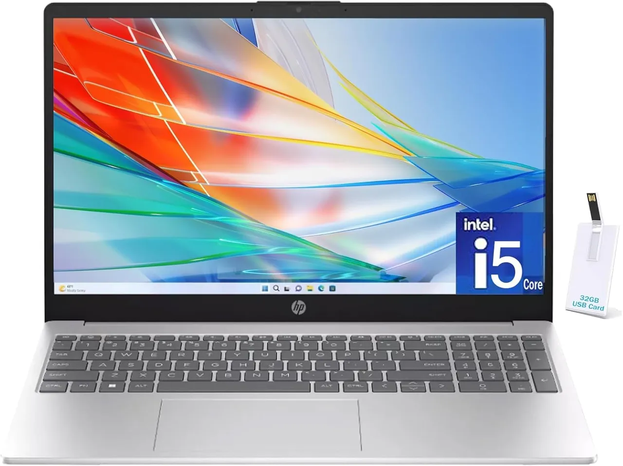 HP لابتوب 15.6 بوصة، الجيل 13 Intel Core i5-1335U، ذاكرة 16GB RAM، تخزين 1TB SSD، شاشة FHD مضادة للتوهج، كاميرا، لوحة أرقام، Wi-Fi، بلوتوث، HDMI، بطاقة USB بسعة 32GB، Windows 11 - فضي Silver