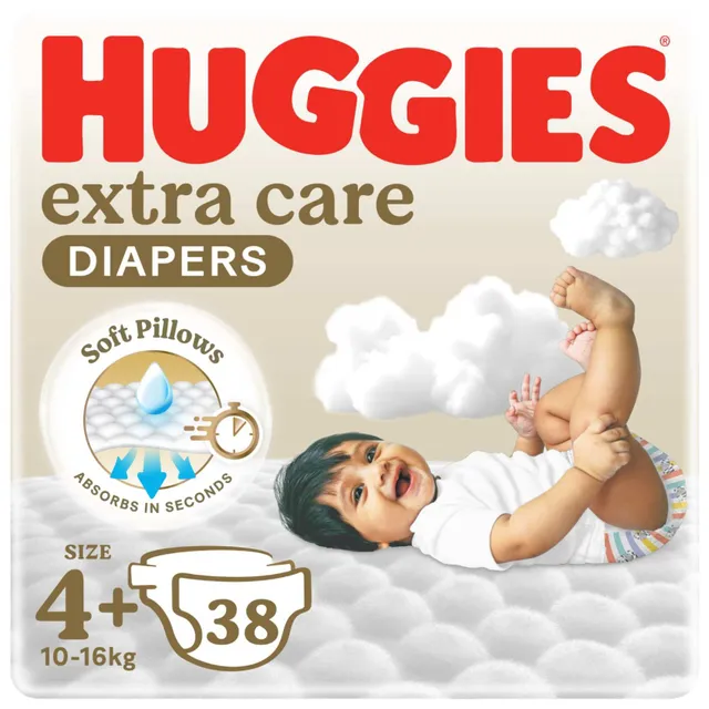 Huggies Extra Care Baby Diapers, Size 4+ (10- ), Value Pack, 38 Diapers