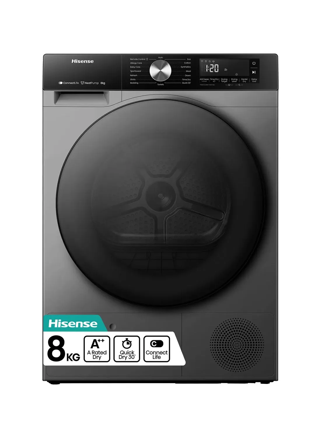 Hisense نشافة بمضخة حرارية، 15 برنامج، تجفيف تلقائي، ConnectLife، Smart Link، غسيل سريع، إيقاف وإضافة - DH3S802BT2