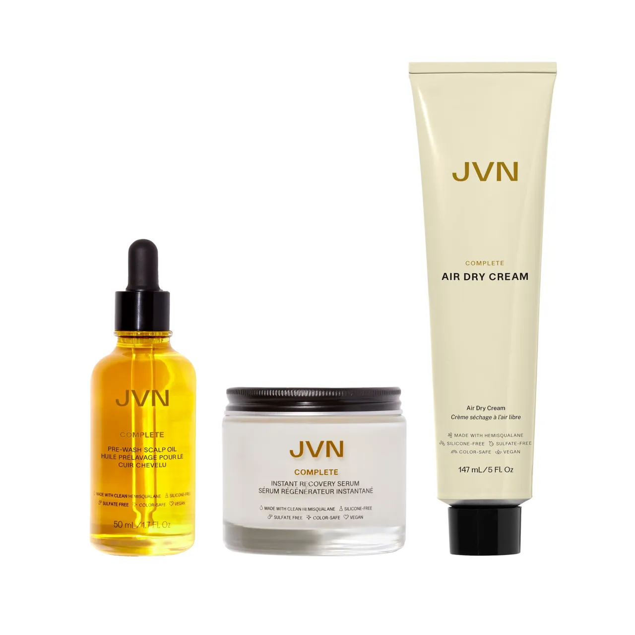 JVN طقم الأكثر مبيعا Bestsellers Set - زيت فروة الرأس، كريم التجفيف الهوائي ومصل الإصلاح Recovery Serum (3 Count