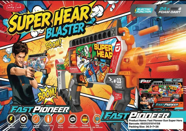 fast pioneer Toy Gun for Kids, Foam Dart Blaster, Superhero Theme, Toys for Boys