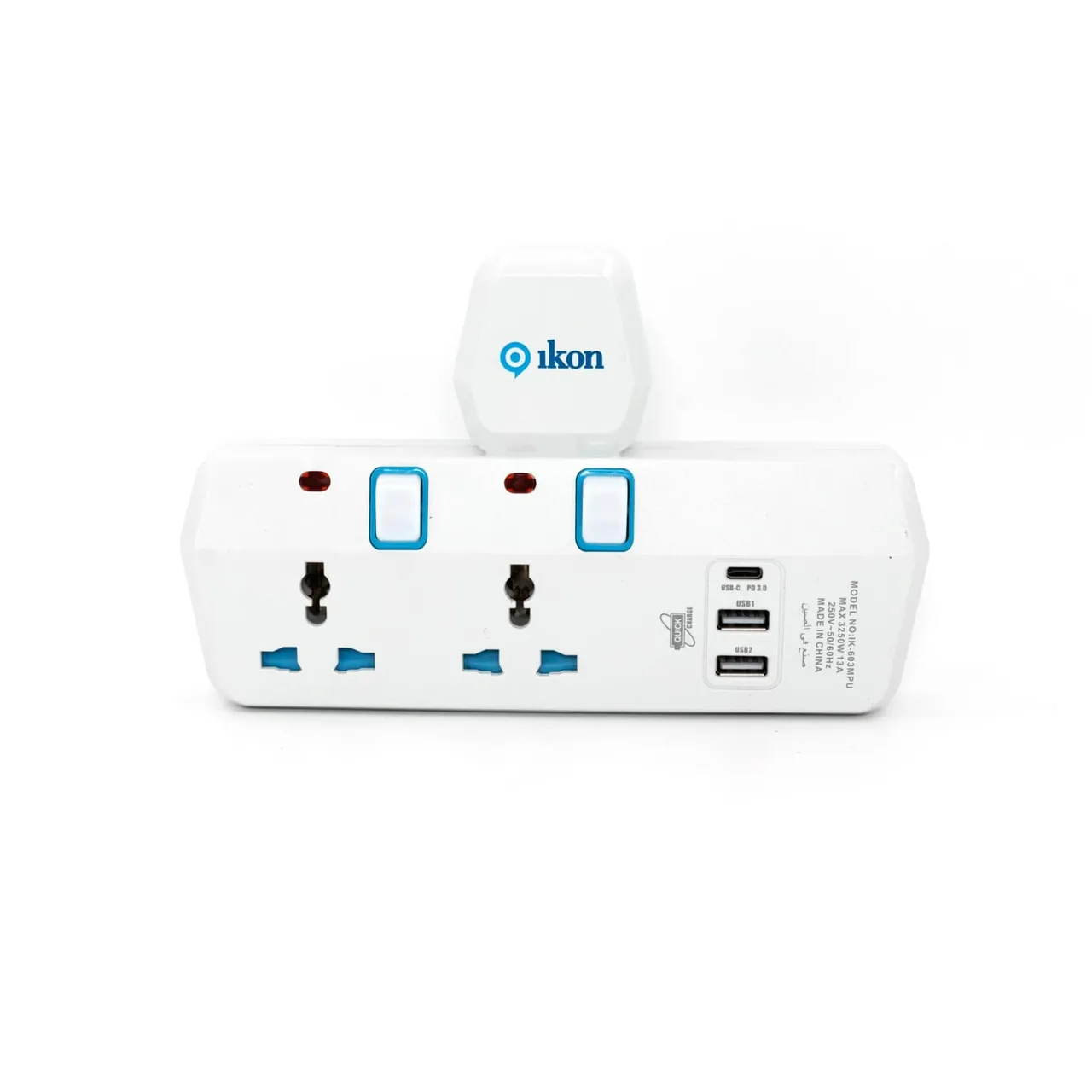 Ikon محول متعدد 3 مخارج T-Socket مع منفذي 2 USB-A ومنفذ 1 USB-C، IK-303MPU