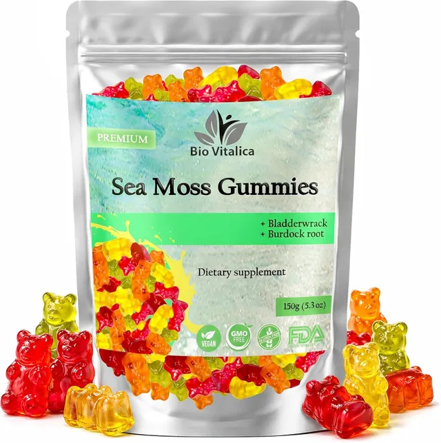 Bio Vitalica Sea Moss Gummies - Irish Sea Moss Raw Organic, Bladderwrack, Burdock Root. Contains Sea Moss Gel And Powder. Superfoods For Vegan, Keto And Dr Sebi Diet. Immune And Energy Boosting.