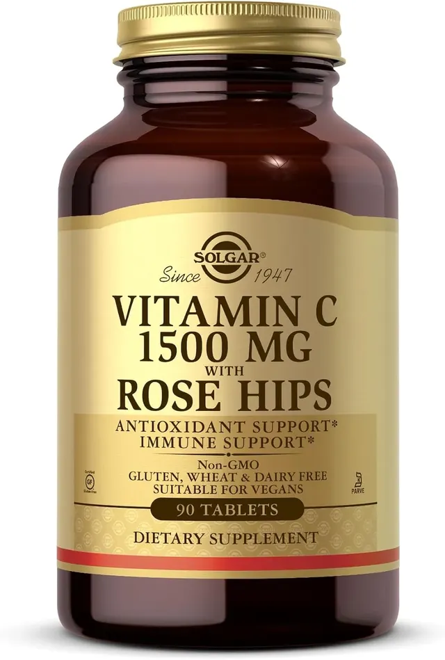 solgar Vitamin C 1500mg (1.5 Grams) with Rose Hips, 90 Tablets, Supports Immune Health, Vegan, Sugar-Free, Salt-Free, Starch-Free