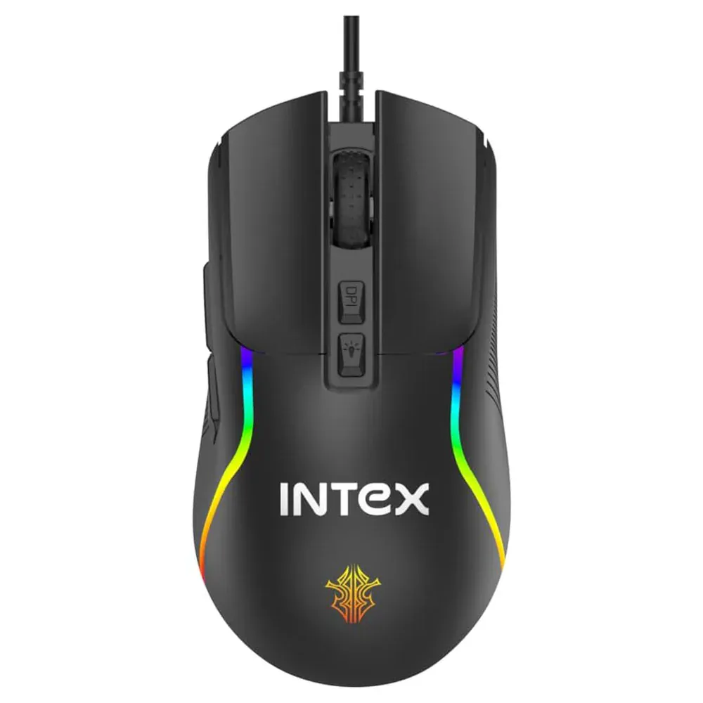 intex ماوس ألعاب سلكي GM505 7D بدقة DPI 12800 وإضاءة RGB وغطاء علوي حريري مع 7 أزرار قابلة للبرمجة وكابل USB مضفر بطول 1.5m ومعدل استطلاع 1000Hz باللون الأسود، إكسسوار للاعبي الكمبيوتر واللابتوب، علامة هندية