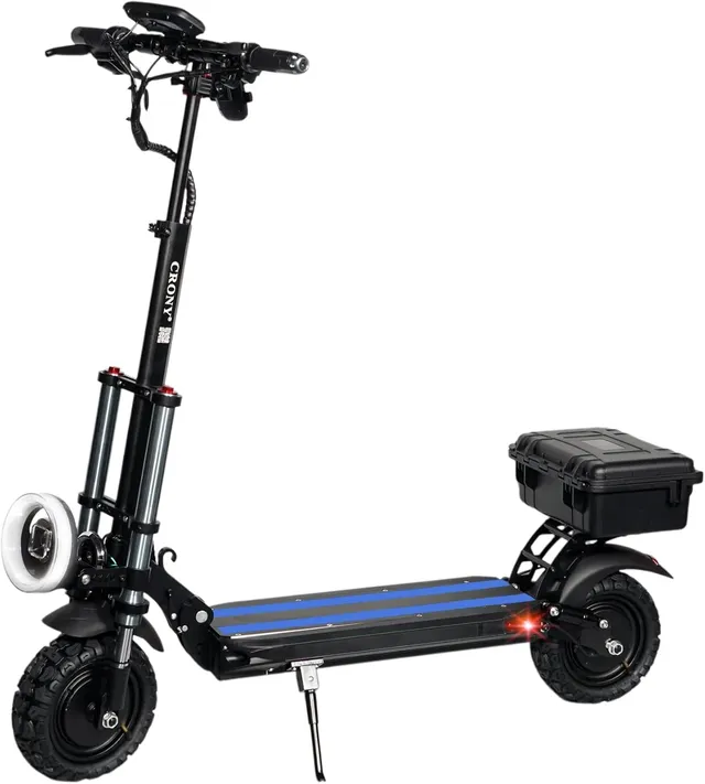 crony V18 Electric Scooter With 1500WX2 Dual Motor, 50-60KM/H Speed, Max Load, Front/Rear Suspension, Rear Luggage Box, LED Headlamp, LCD Display, Bluetooth Speaker, Phone Holder, Blue