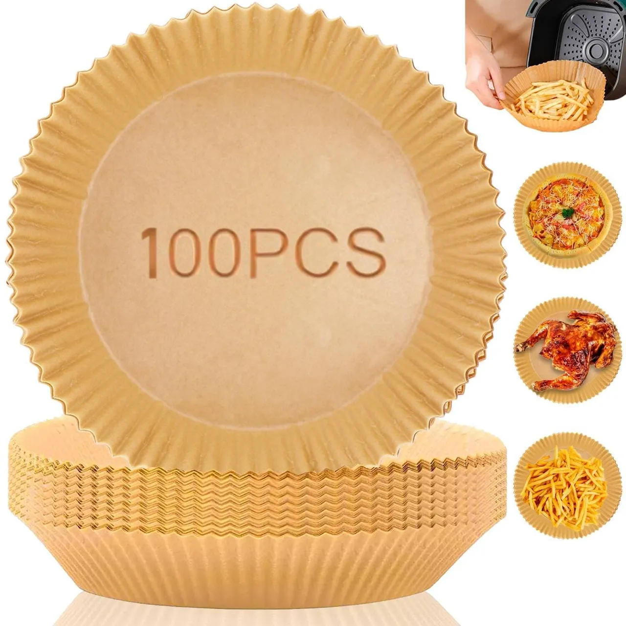 marrkhor 100pcs ورق تبطين ورقي دائري طبيعي للاستخدام الواحد للمقلاة الهوائية، ورق زبدة غير لاصق ومقاوم للزيت بدرجة غذائية للخبز والتحميص والميكروويف