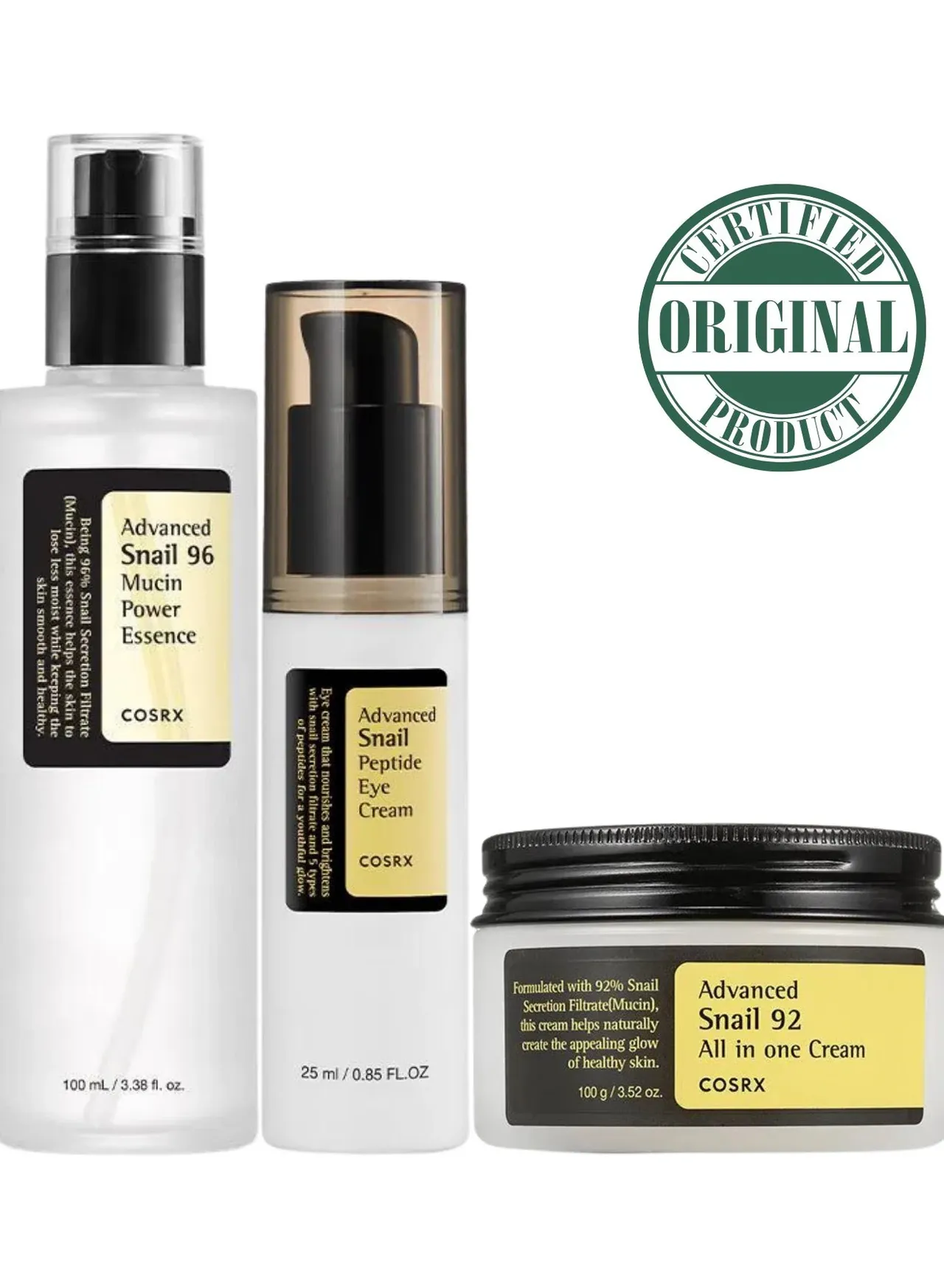 cosrx ثلاثي العناية المتكاملة بالبشرة بمستخلص الحلزون: إيسنس Advanced Snail 96 Mucin Power، وكريم 92 الكل في واحد، وكريم العين بالببتيدات