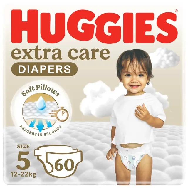 Huggies Extra Care Baby Diapers, Size 5 (12- ), Jumbo Pack, 60 Diapers