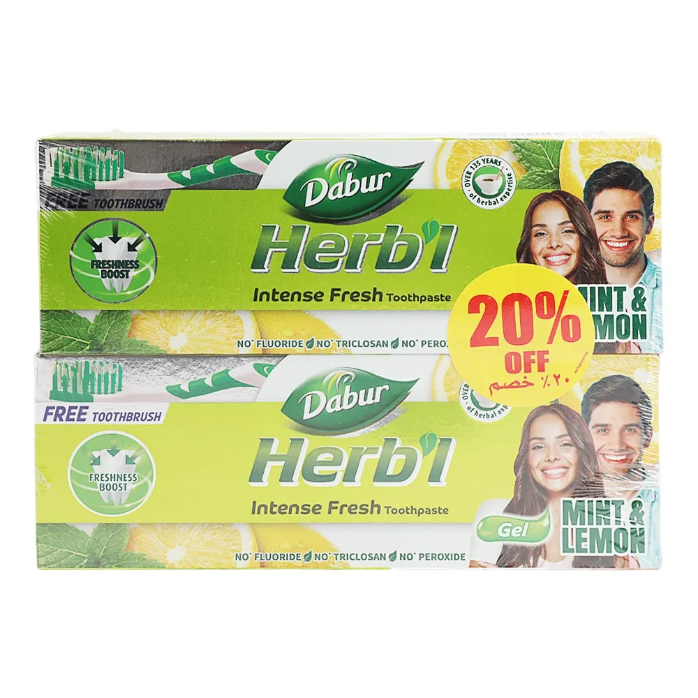 Dabur معجون أسنان Herb'l بالنعناع والليمون انتعاش قوي مع فرشاة أسنان