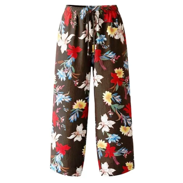 Carrefour Women Floral Print Wide-Leg Fluid Pants with Drawstring Waist, Black and Multicolor, Free Size