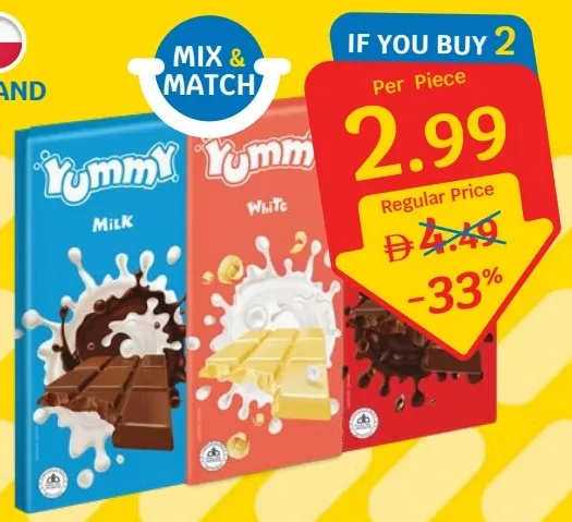 Yummy لوح حليب أبيض / لوح كاكاو داكن / لوح كاكاو بالحليب مشكل