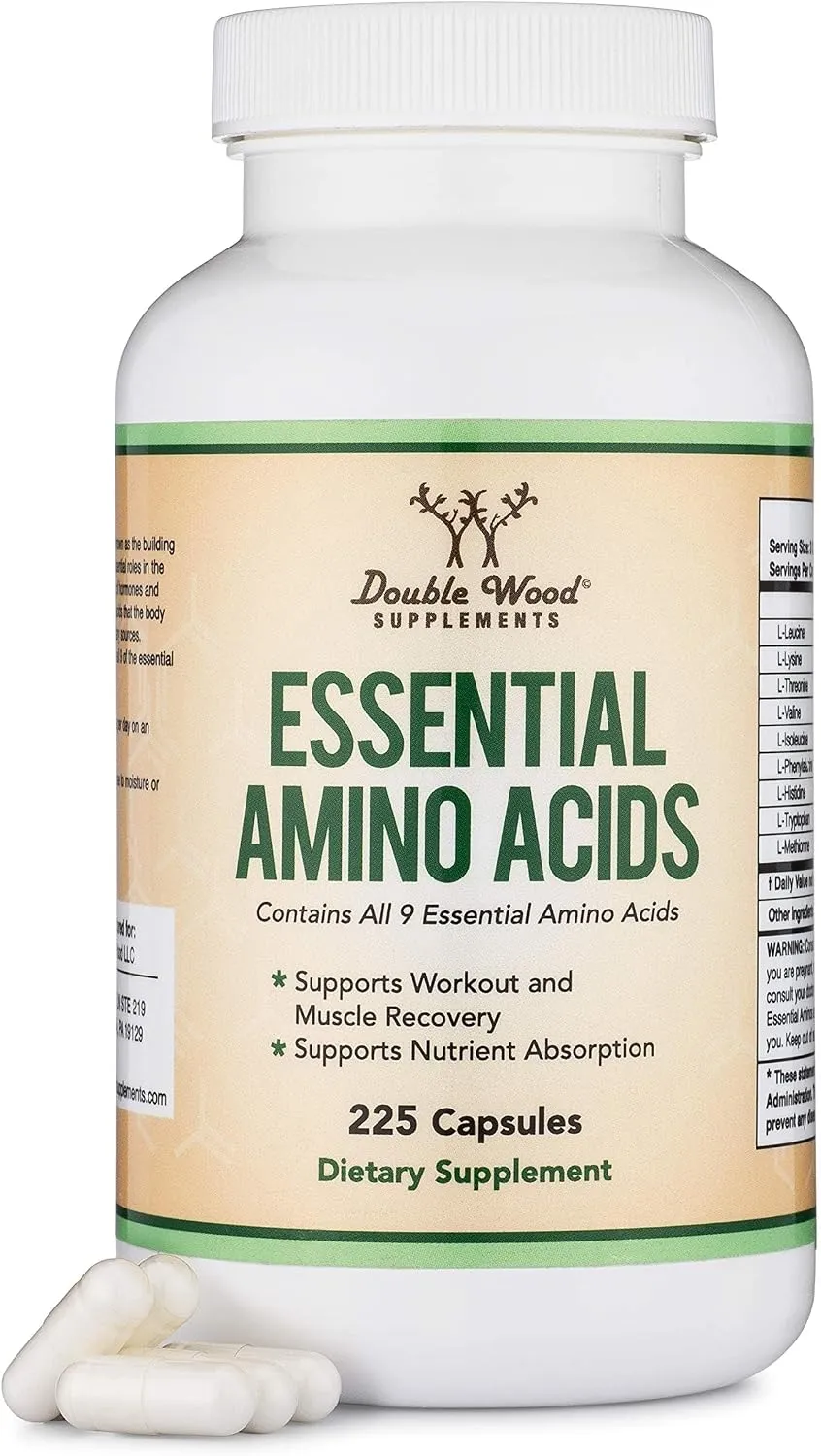 Double Wood Supplements أحماض أمينية أساسية - 1g لكل حصة مزيج مسحوق من الأحماض الأمينية الأساسية الـ 9 (EAA) والأحماض متفرعة السلسلة (BCAAs) (ليوسين، إيزوليوسين، فالين) 225 كبسولة
