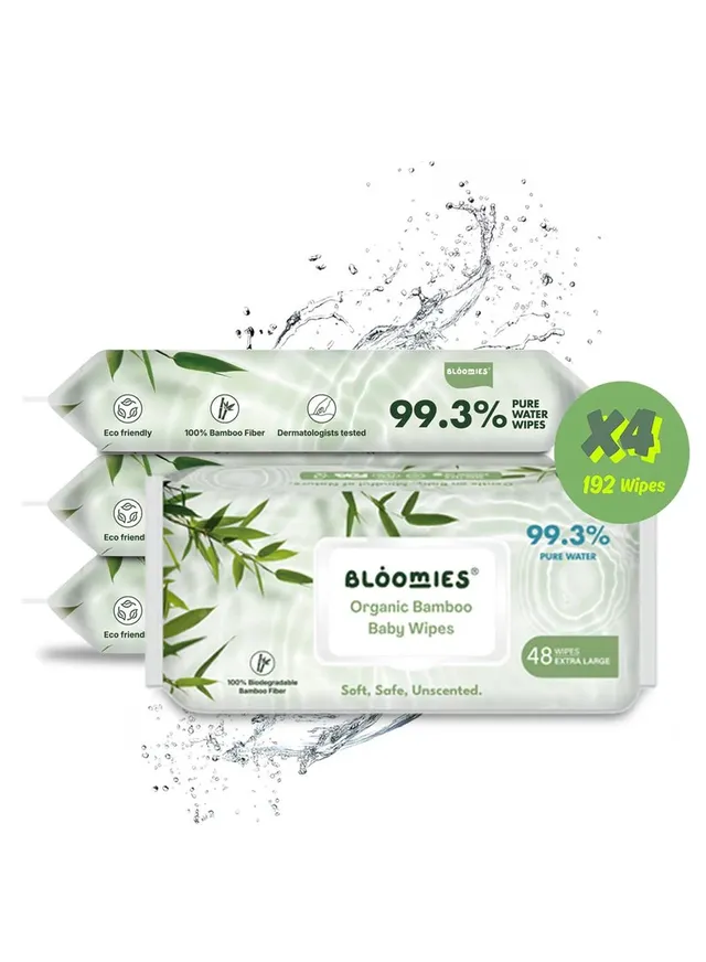 bloomies Organic Bamboo Baby Wet Wipes, 99.3% Pure Water Wipes, Unscented, Extra Large, Eco-friendly, Soft, 100% Biodegradable Bamboo Fiber, 4 Packs of 48 Wipes (288 Wipes)