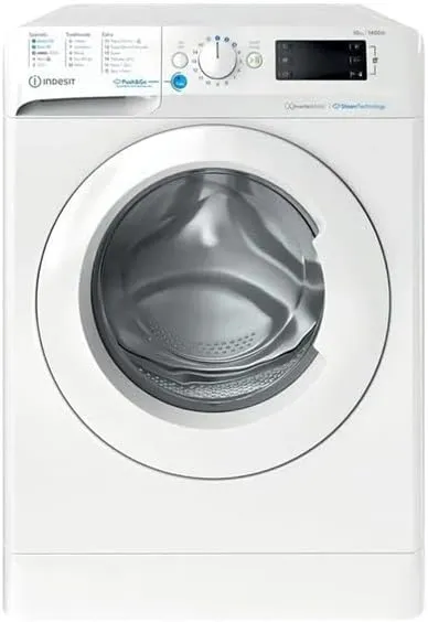 Indesit غسالة Mytime تحميل أمامي بموتور إنفرتر، غسيل بالبخار، 1400 RPM، 16 برنامج غسيل، شاشة رقمية كبيرة، قفل أطفال، غسيل بضغطة واحدة Push&Wash، BWE-1014XWSVGCC أبيض