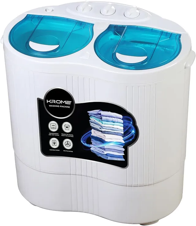 Krome Wash / Spin Semi-Automatic Twin Tub Washing Machine, 3 Knob Control, Compact Design, Ideal for Homes & Hostels, White, KR-WMTT250W