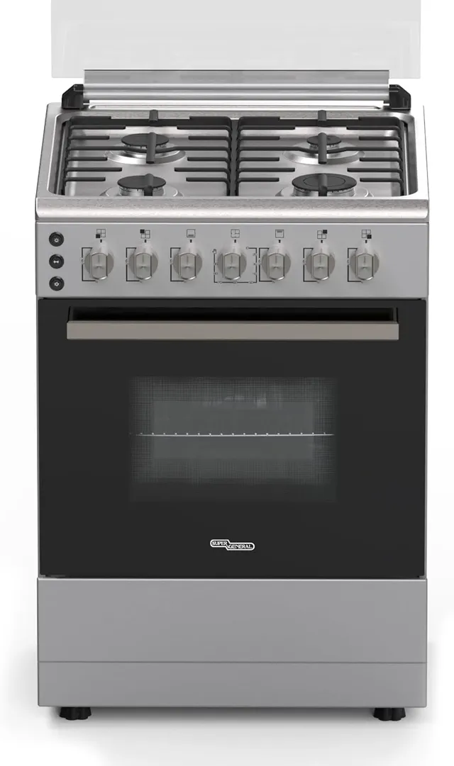 Super General 60x60cm Freestanding Gas Cooker, Gas Oven & Grill with Rotisserie, Oven Lamp, Ignition Button, Stainless Steel Cooktop, 4-Burner Full Safety, Silver SGC6170MSFS