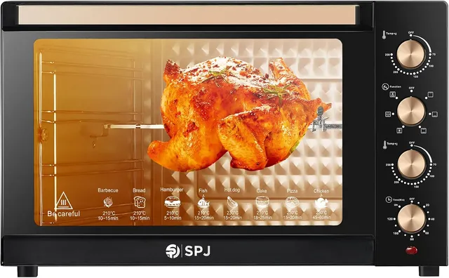 SPJ Electric Oven 2800W Large Capacity Countertop Oven with Rotisserie 70–250°C Adjustable Temperature 120-MIN Timer 7 Power Levels Inner Lamp Black