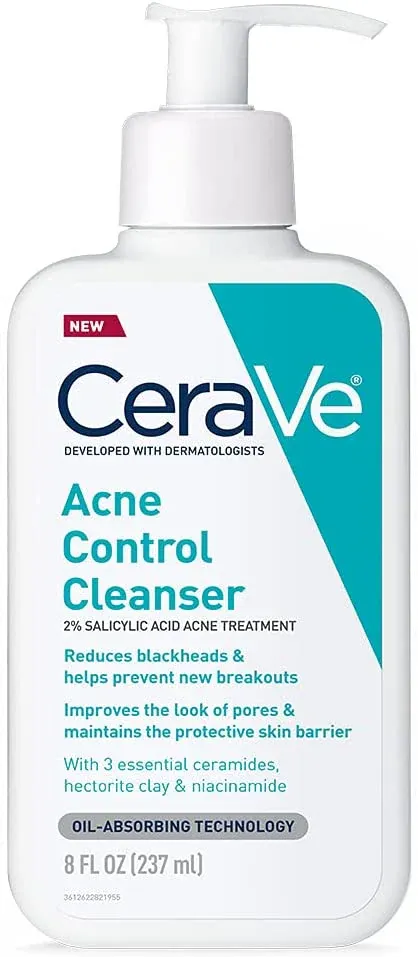 cerave غسول وجه لعلاج حب الشباب بحمض الساليسيليك بالطين المنقي للبشرة الدهنية يزيل الرؤوس السوداء وينظم المسام 8 Ounce, 8 Fl Oz