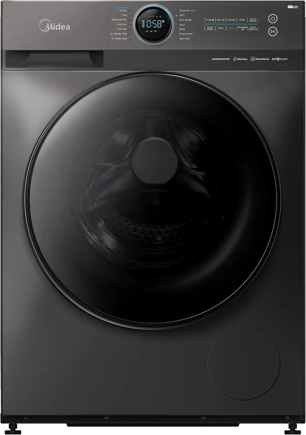 Midea غسالة ومجفف 10/، 1400 دورة في الدقيقة، انفرتر BLDC، 16 برنامج، عناية بالبخار، Wi-Fi، تنظيف تلقائي، قرص قمري، تيتانيوم – MF200D100WBTGCC-CLR01