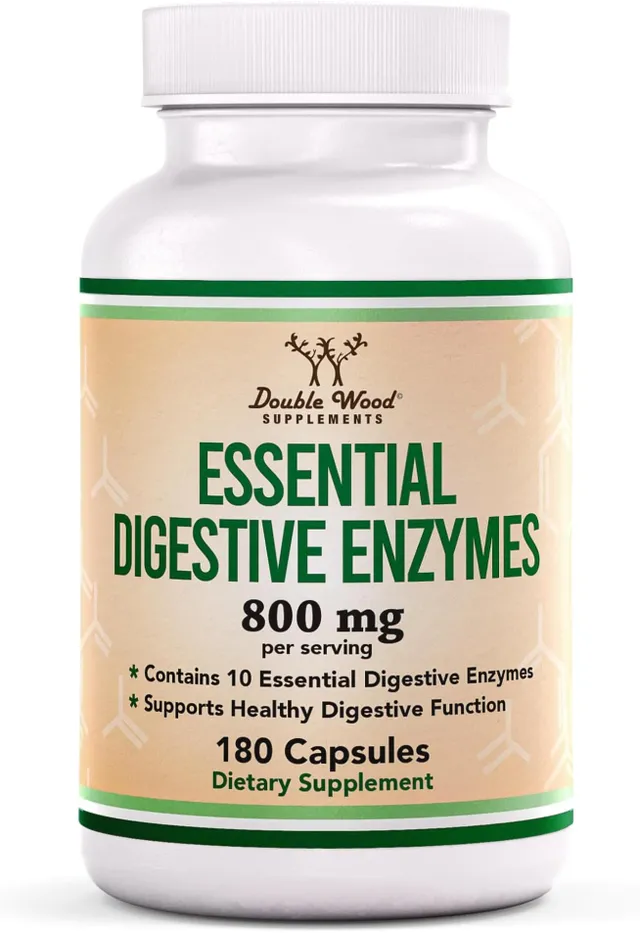 Double Wood Supplements Digestive Enzymes, 800mg Blend of All 10 Most Essential Digestive and Pancreatic Enzymes (Amylase, Lipase, Bromelain, Lactase, Papain, Protease, Cellulase, Maltase, Invertase)