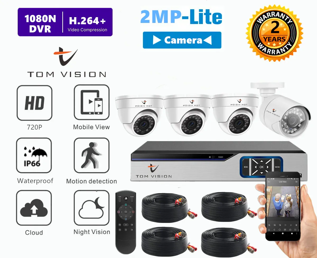 tomvision طقم كاميرات مراقبة 4Channel AHD بدقة 2Megapixels/720P مع 3Pcs كاميرات داخلية و 1Pc كاميرا خارجية ونظام إنذار سحابي P2P (4Channel(No HDD), 3Indoor&1Outdoor)