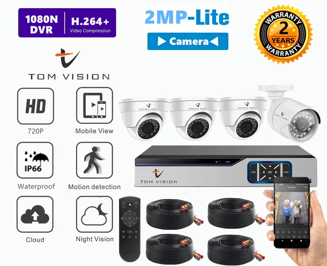 tomvision 4Channel AHD Camera KIT 2Megapixels/720P CCTV Security Recording System Kit 3Pcs Indoor 1Pc Outdoor Camera and P2P Cloud Alarm System Home Security (4Channel(No HDD), 3Indoor&1Outdoor)