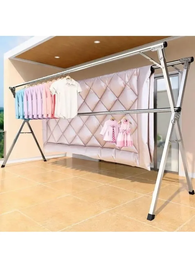 generic Heavy-Duty Stainless Steel Clothes Drying Rack - X-Type Folding Laundry Rack With Telescoping Poles - Large Capacity Air Dryer For Quilts, Blankets, And Garments - Indoor/Outdoor Use