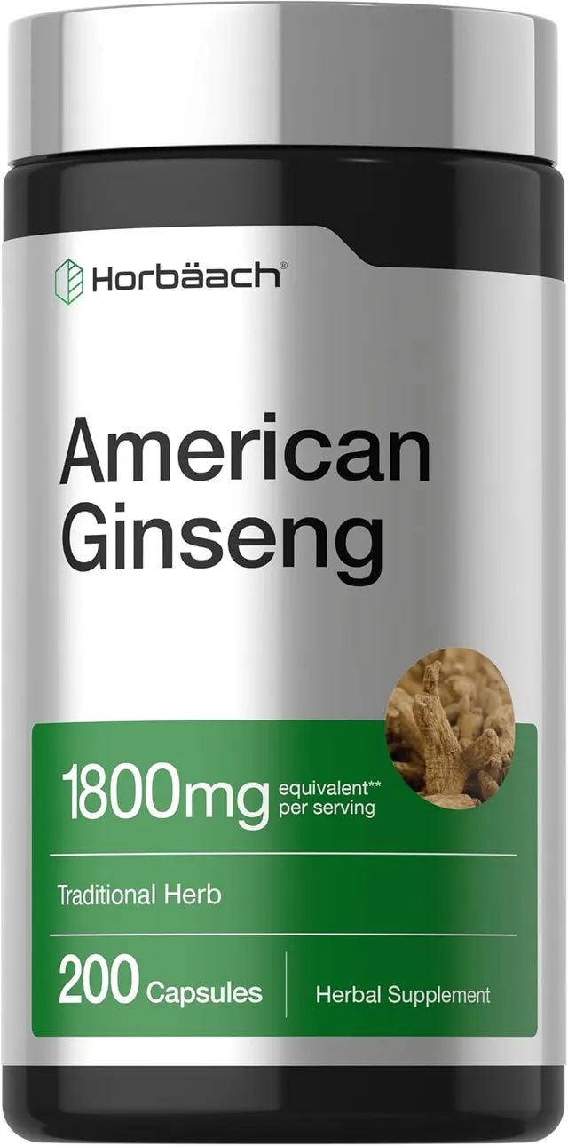 Horbäach American Ginseng Capsules, 1800mg, 200 Count, Non-Gmo, Gluten Free Supplement, Ginseng Root Extract Complex, Non-Gmo, Gluten Free Supplement