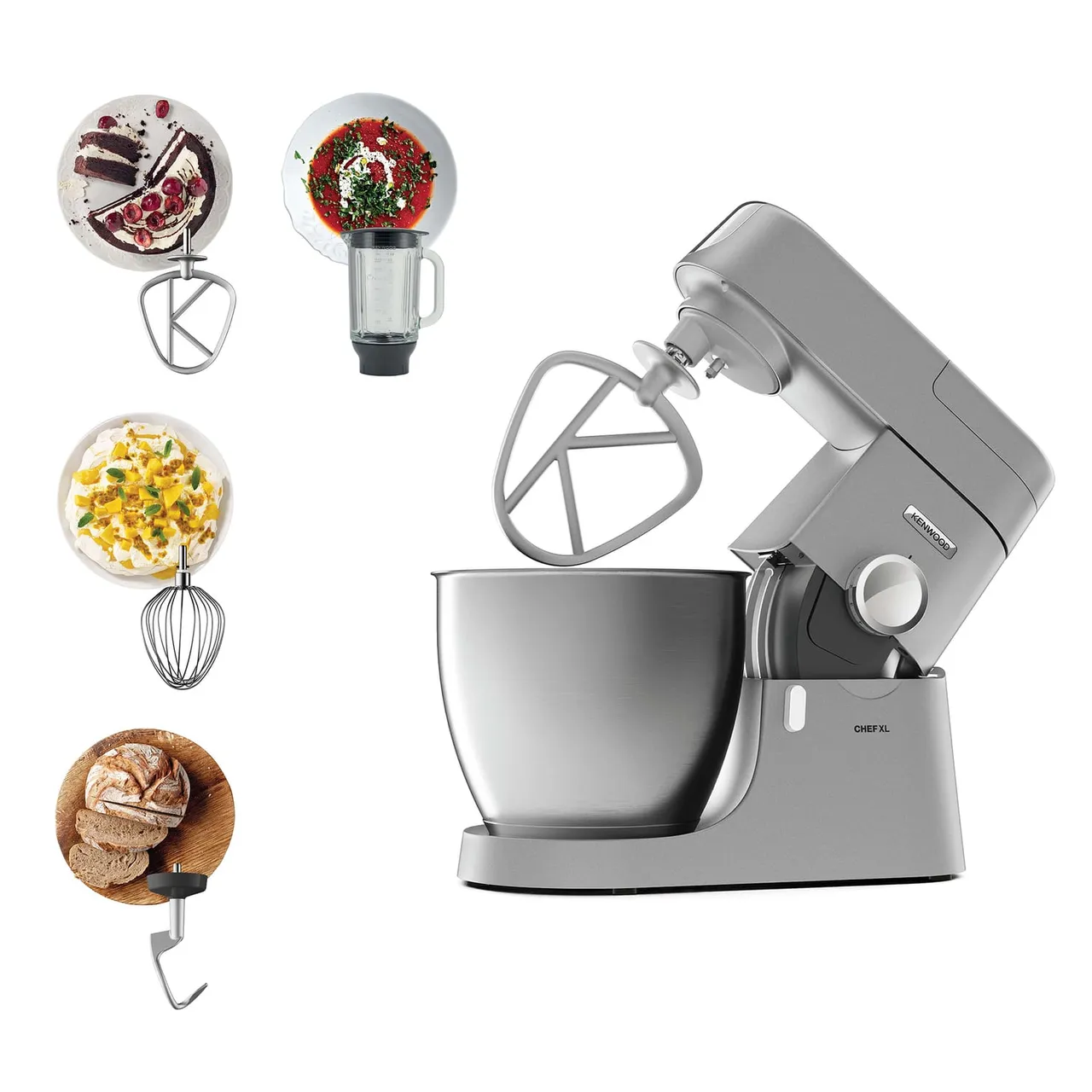 Kenwood عجانة مطبخ بهيكل معدني CHEF XL بقدرة 1200W مع وعاء ستانلس ستيل ومضرب K-Beater وخفاقة وخطاف عجين وخلاط KVL4110S فضي