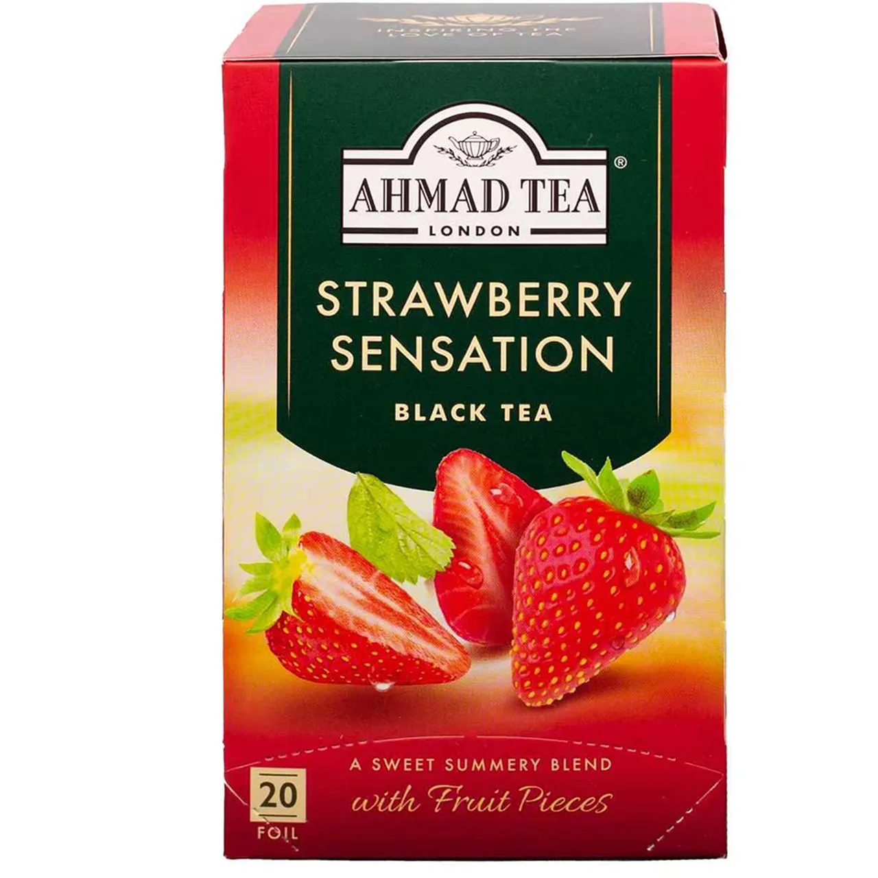 Ahmad Tea شاي أسود بنكهة الفراولة مع قطع الفاكهة Strawberry Sensation عدد 20 كيس شاي