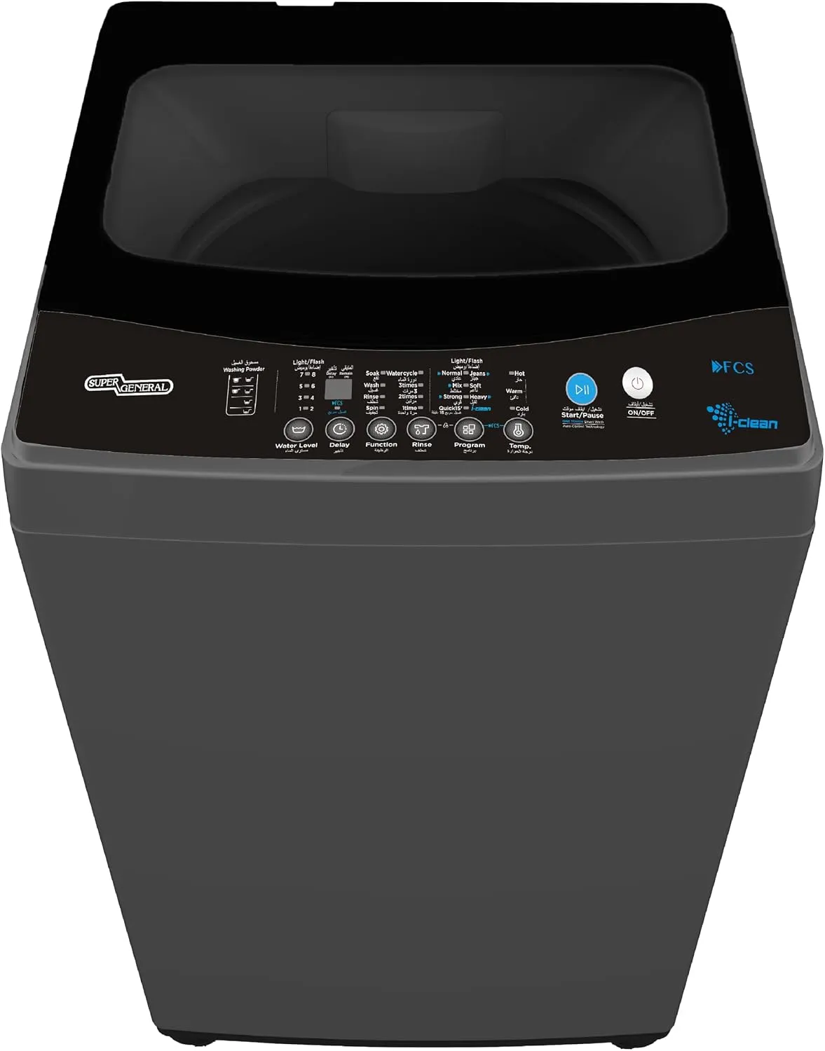 Super General غسالة تعبئة علوية أوتوماتيكية بالكامل SGW852S، 680 RPM، 8 برامج، غطاء زجاجي بإغلاق ناعم، شاشة LED، توازن تلقائي، قفل أطفال، تنظيف الحلة، 55x57x94cm WxDxH، أسود، ضمان 1 سنة