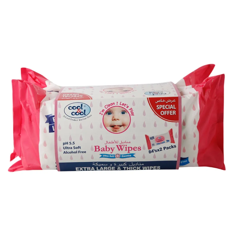 Cool & Cool مناديل أطفال كبيرة جدا فائقة النعومة خالية من الكحول - 2 x 84 Pcs