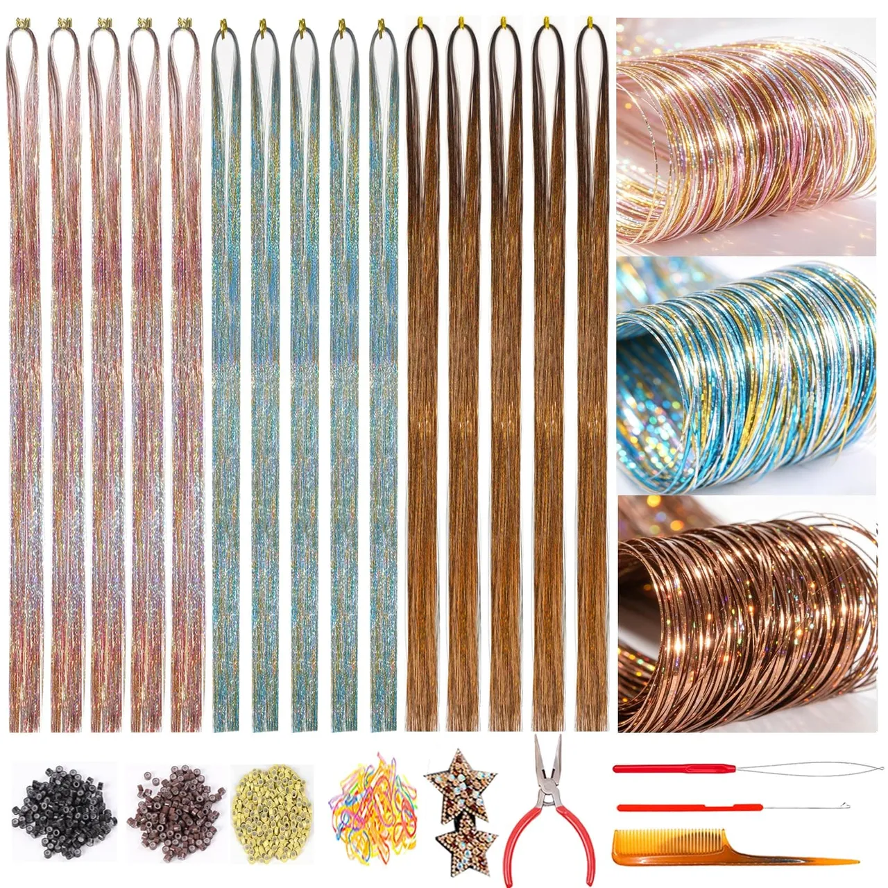 Handwig طقم خصل لامعة للشعر مع الأدوات 47Inch، 15Pcs 3 ألوان Colors بدون تشابك Tangle-Free