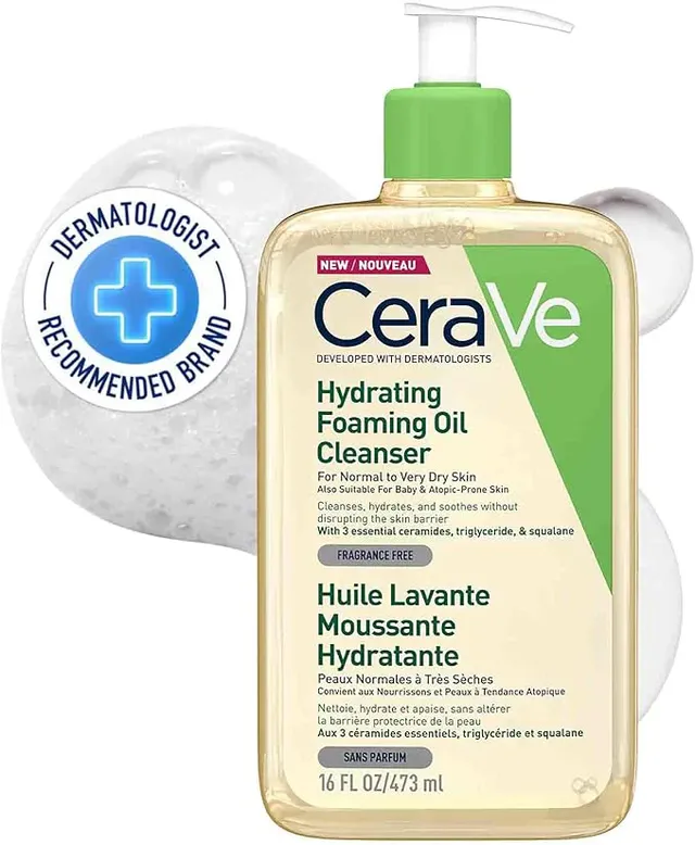 cerave Hydrating Foaming Oil Cleanser for Normal to Very Dry Skin with Squalane, Triglyceride and 3 Essential Ceramides. For Face and Body