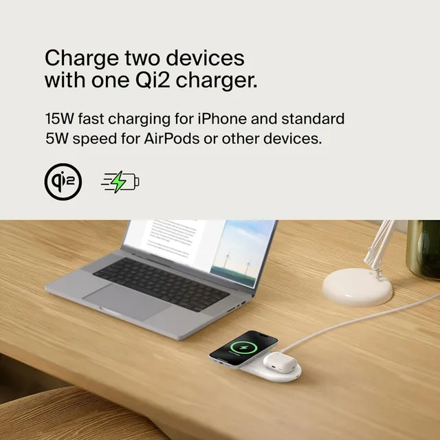 Belkin BoostCharge Pro 2-in-1 Wireless Charging Pad with Magnetic Qi2 15W, Fast Charging iPhone Wireless Charger Compatible with iPhone 16/15/14 Series, AirPods, MagSafe Enabled Devices, White