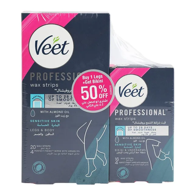 Veet Hair Removal Wax Strips for Sensitive Skin - Legs & Body 20 Strips + Underarm16 Strips