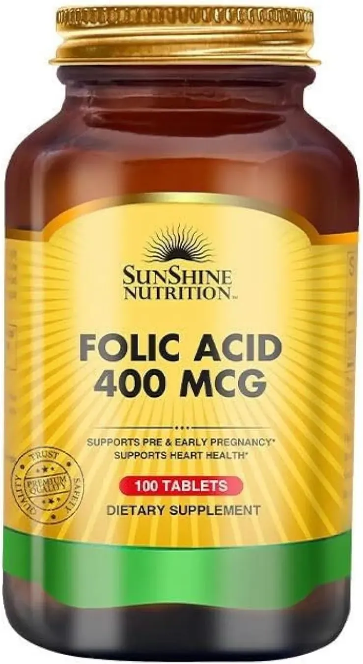 sunshine nutrition حمض الفوليك 400 Mcg، يحتوي على فيتامين B9، يدعم ما قبل الحمل وبدايته، يدعم الوظيفة الصحية للجسم، 100 قرص