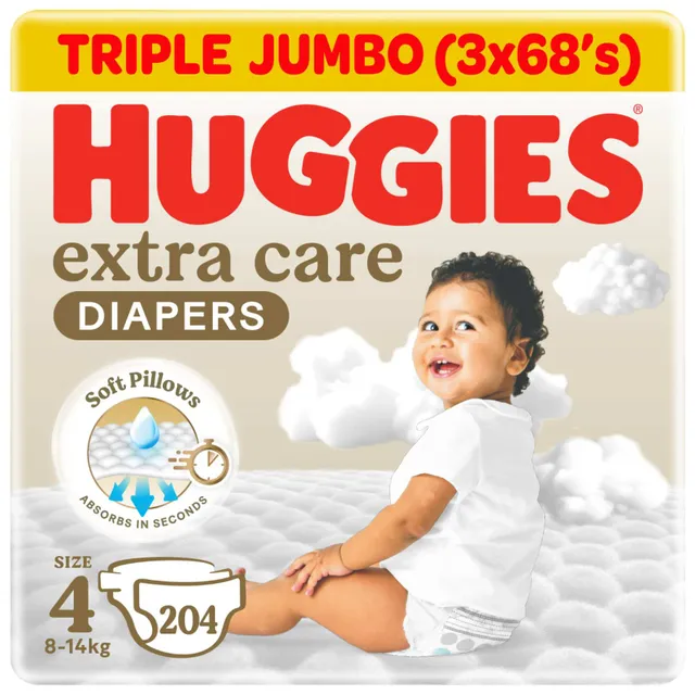 Huggies Extra Care Baby Diapers, Size 4 (8- ), Super Mega Pack, 204 Diapers