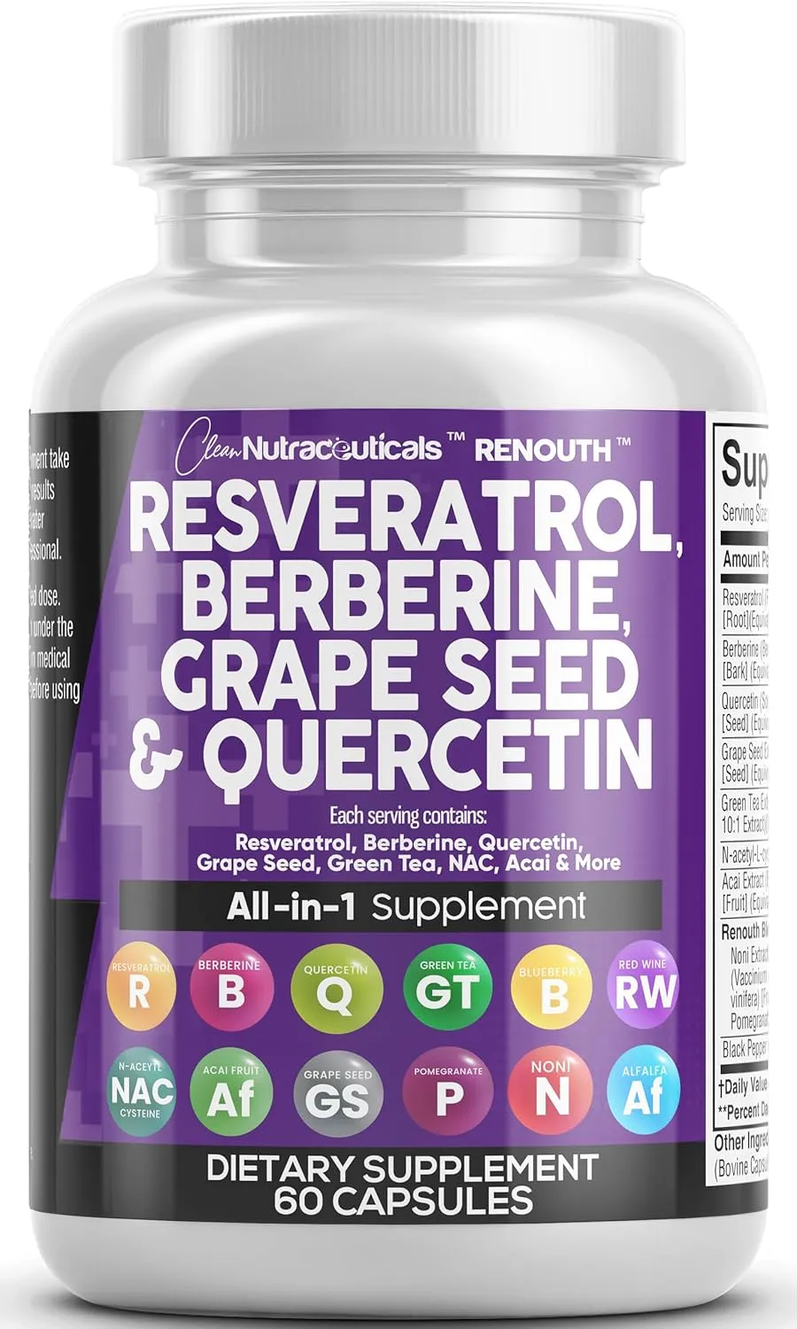 Clean Nutraceuticals مكمل بوليفينول بالريسفيراترول 6000mg والبربرين 3000mg وخلاصة بذور العنب 3000mg والكيرسيتين 4000mg وخلاصة الشاي الأخضر للنساء والرجال - 60 كبسولة
