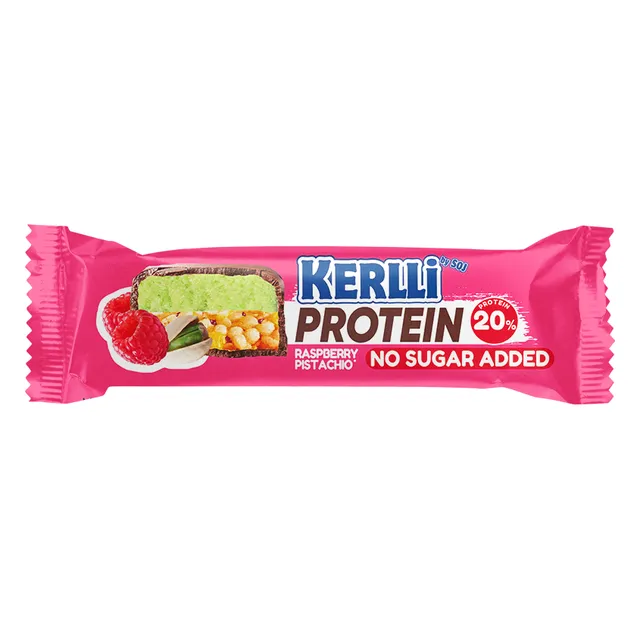 Cereal protein bar KERLLI with raspberry-pistachio flavor, no sugar added