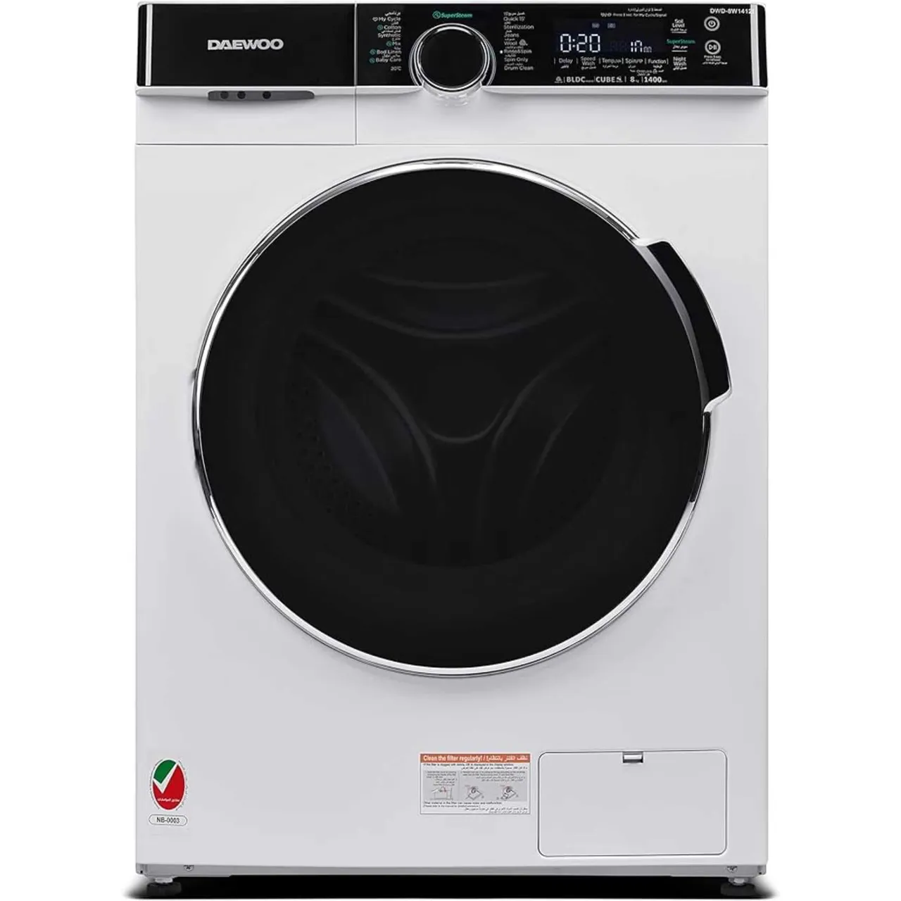 Daewoo غسالة ملابس بتحميل أمامي Washer بسرعة 1400 RPM بـ 15 Wash Programmes وتنظيف الحلة Drum Clean ووظيفة Anti,Allergy Function وموتور BLDC Inverter Motor بيضاء DWD,8W1412I صنع في China بضمان 1 Year Warranty