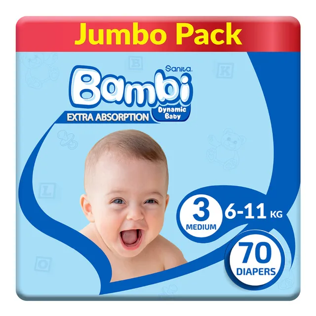 Sanita Bambi Baby Diaper Jumbo Pack Size 3 Medium 6- 70pcs